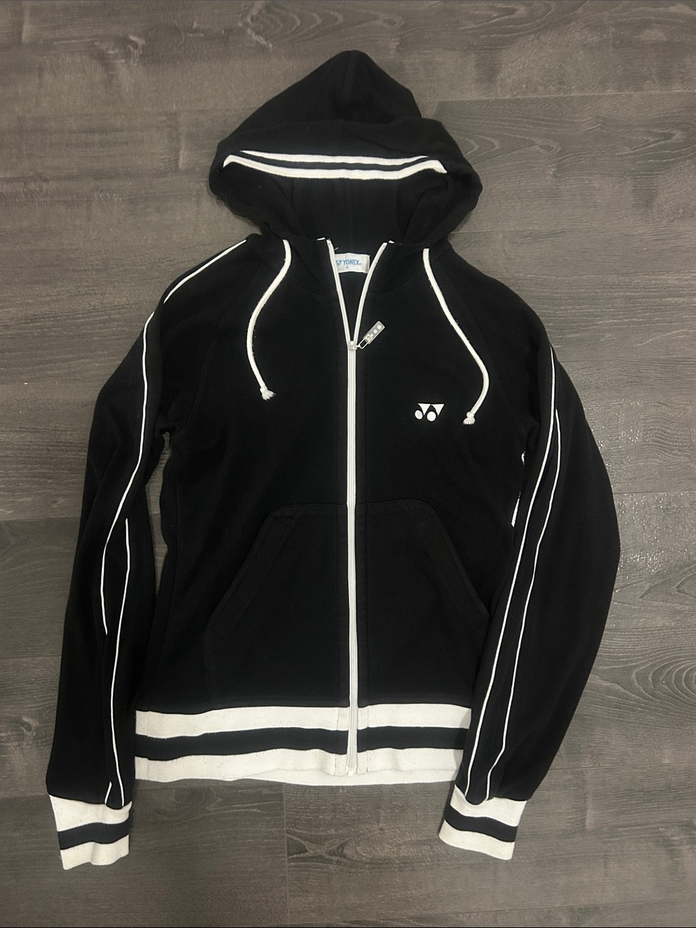 RARE Yonex Japan Full Zip Hoodie Sz M Black Lyocell Tech Track Jacket Stripes